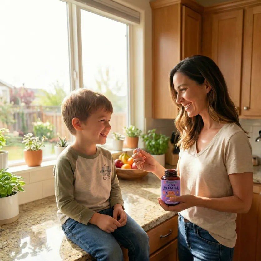 A mom and her son smiling together in the kitchen
