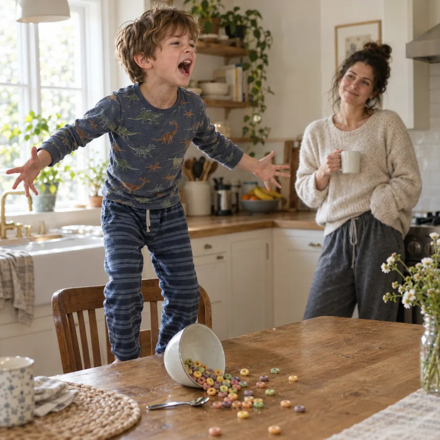 A boy standing on a kitchen chair mid-tantrum with cereal spilled across the table