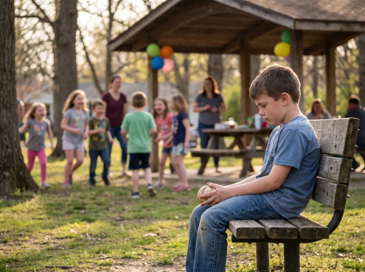 A boy sitting alone on a park bench holding a ball while other kids play together at a party behind him