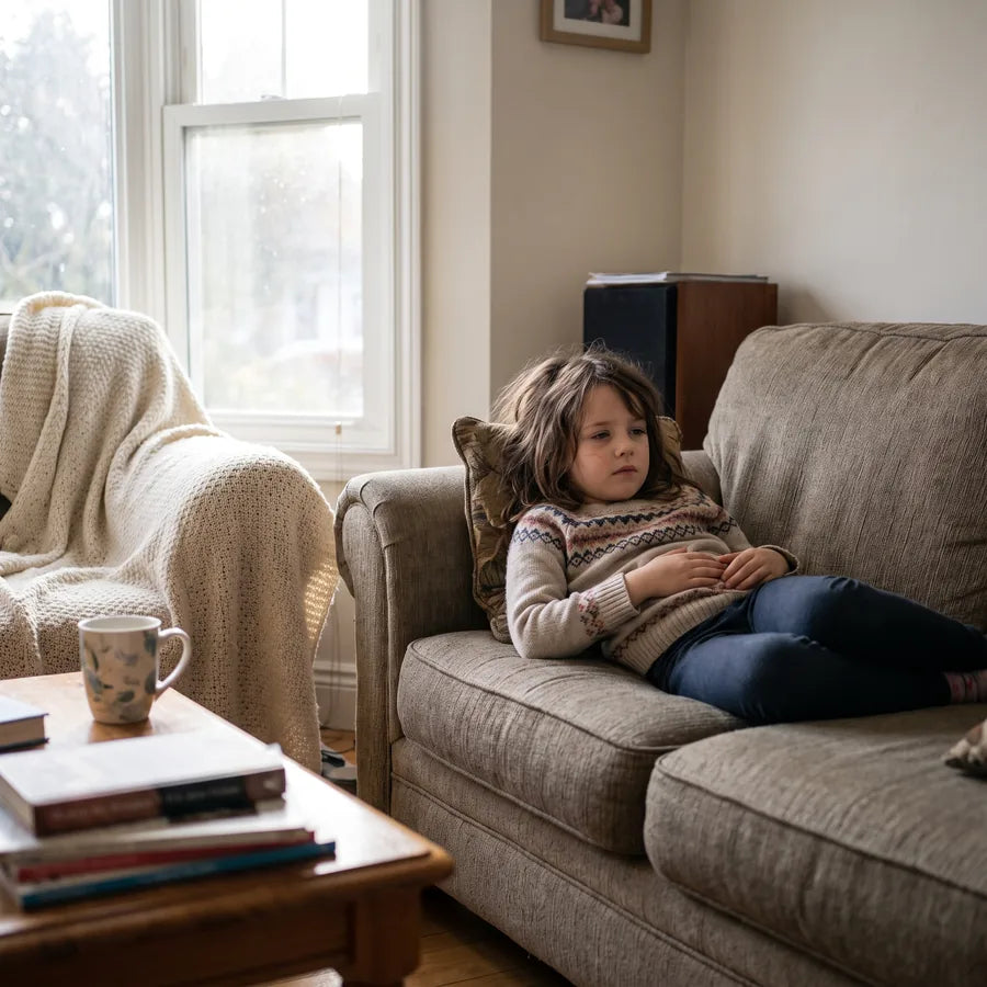 A child resting on the sofa with her hands on her tummy