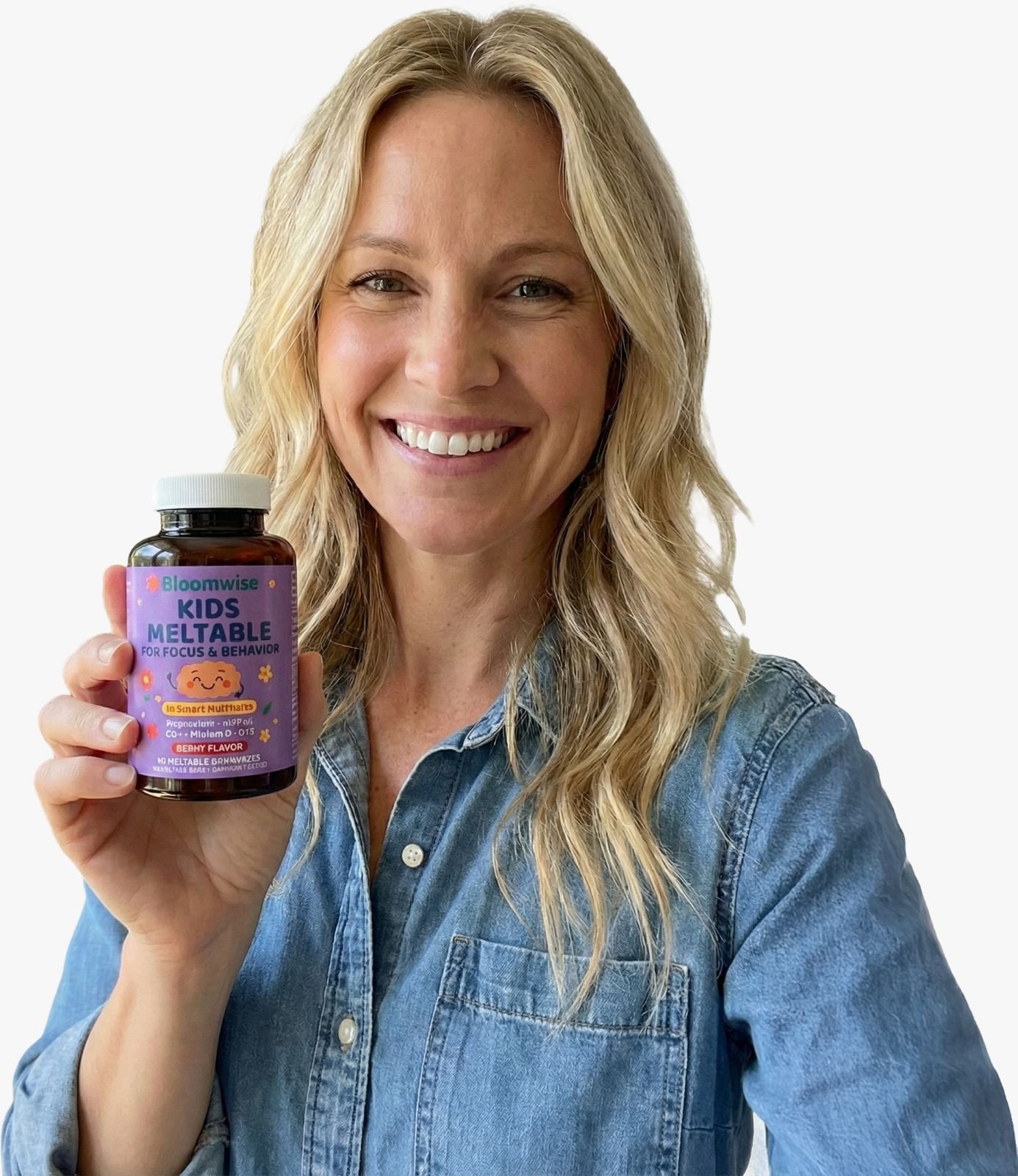 Dr. Leah Mendoza holding a bottle of Bloomwise