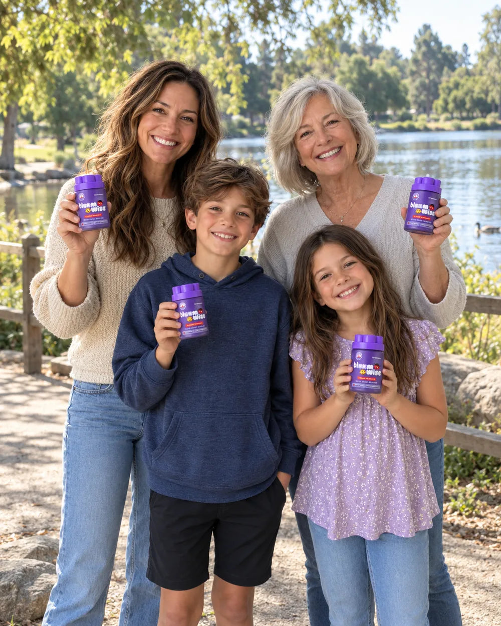 A mom, a grandma and two kids by a lake, each holding a jar of Bloomwise