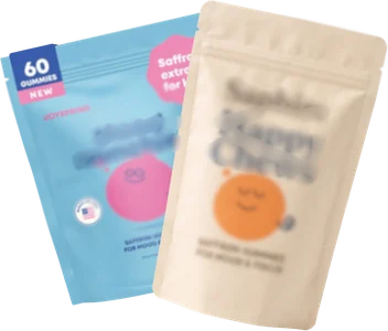 Two saffron gummy pouches, blurred