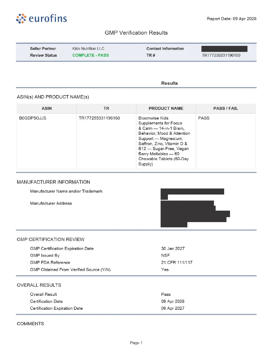 Eurofins GMP verification results for Bloomwise Kids Meltable, report date 9 April 2026: overall result pass