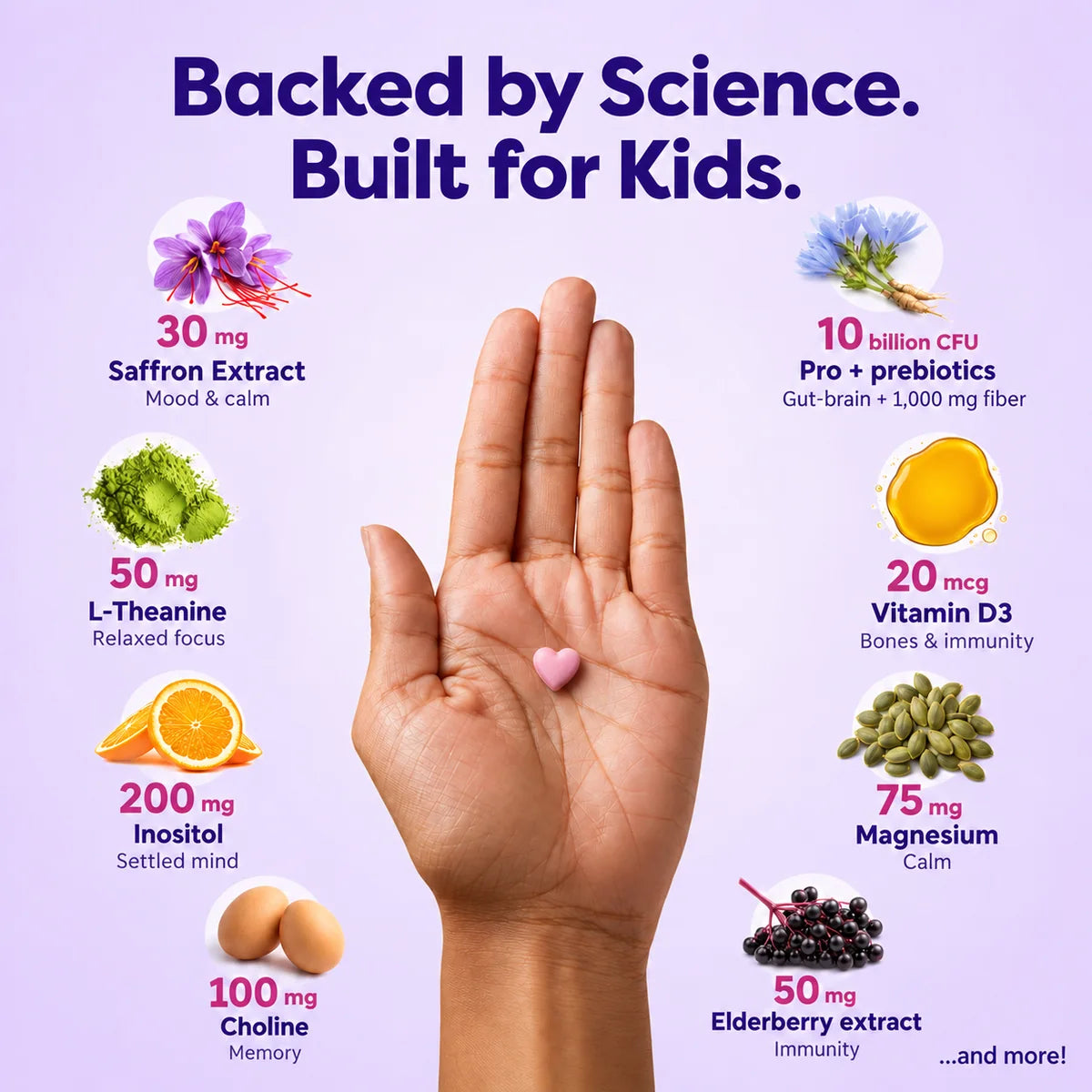 One heart chewable in a hand, with the main ingredients and amounts