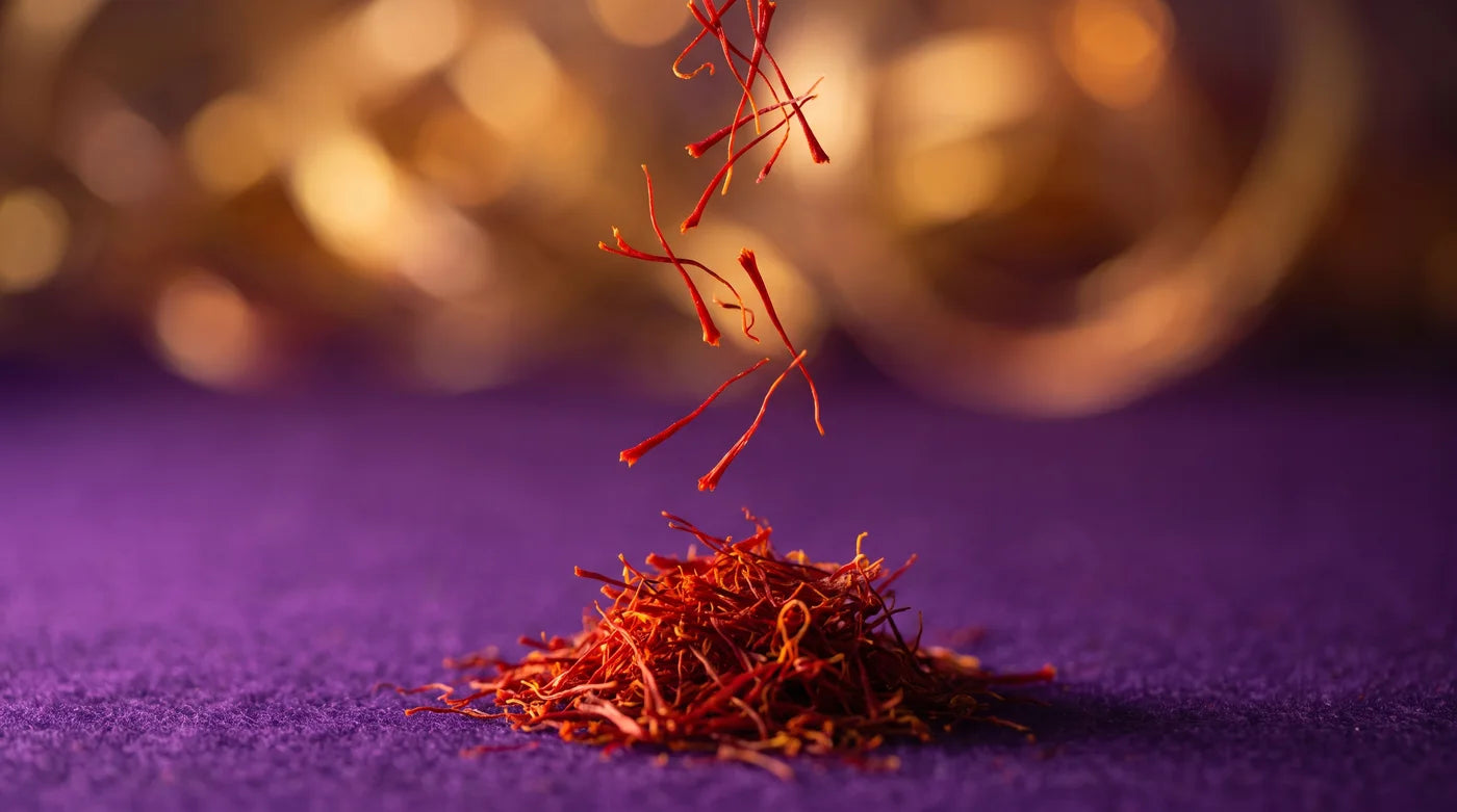 Close-up of saffron threads falling onto a pile
