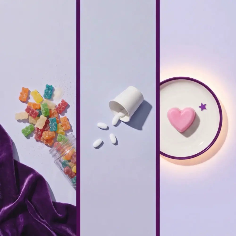 Three panels side by side: sugary gummies, spilled pills, and one meltable heart on a small plate