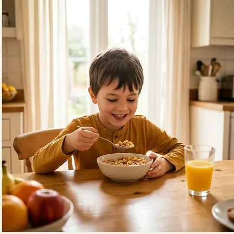 A boy smiling over his cereal bowl at breakfast