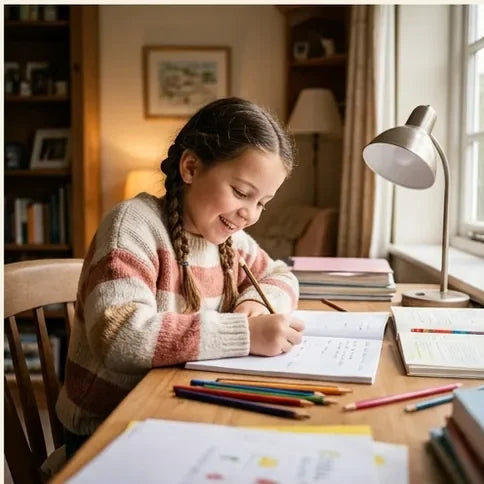 A girl smiling while doing her homework at a desk