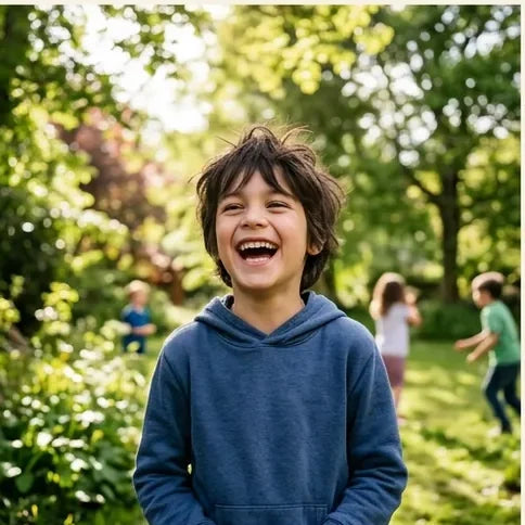 A boy laughing outside while other kids play behind him