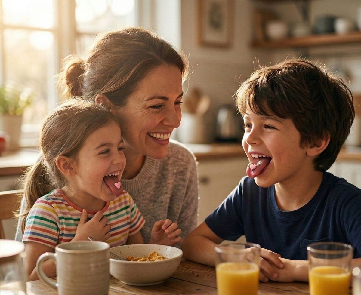A mom and two kids laughing at the breakfast table