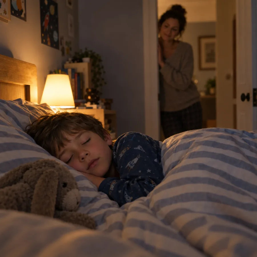 A boy asleep peacefully while his mom watches from the doorway