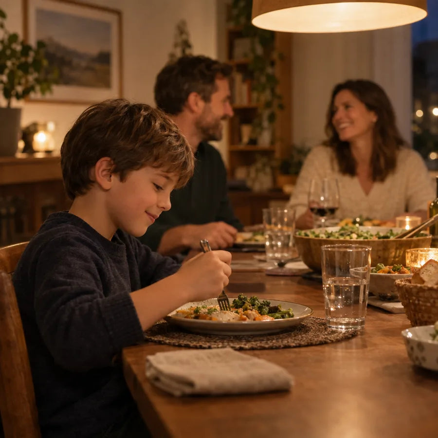 A boy eating dinner happily with his family