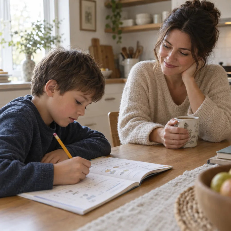 A boy writing in his homework book at the table while his mom looks on