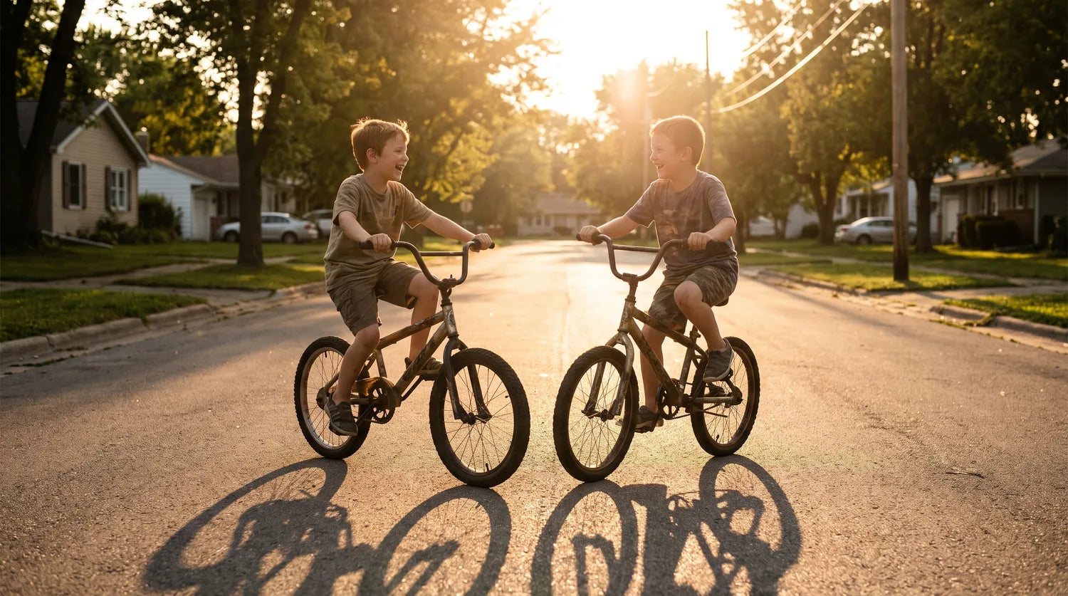 Two boys riding bikes side by side at golden hour, laughing