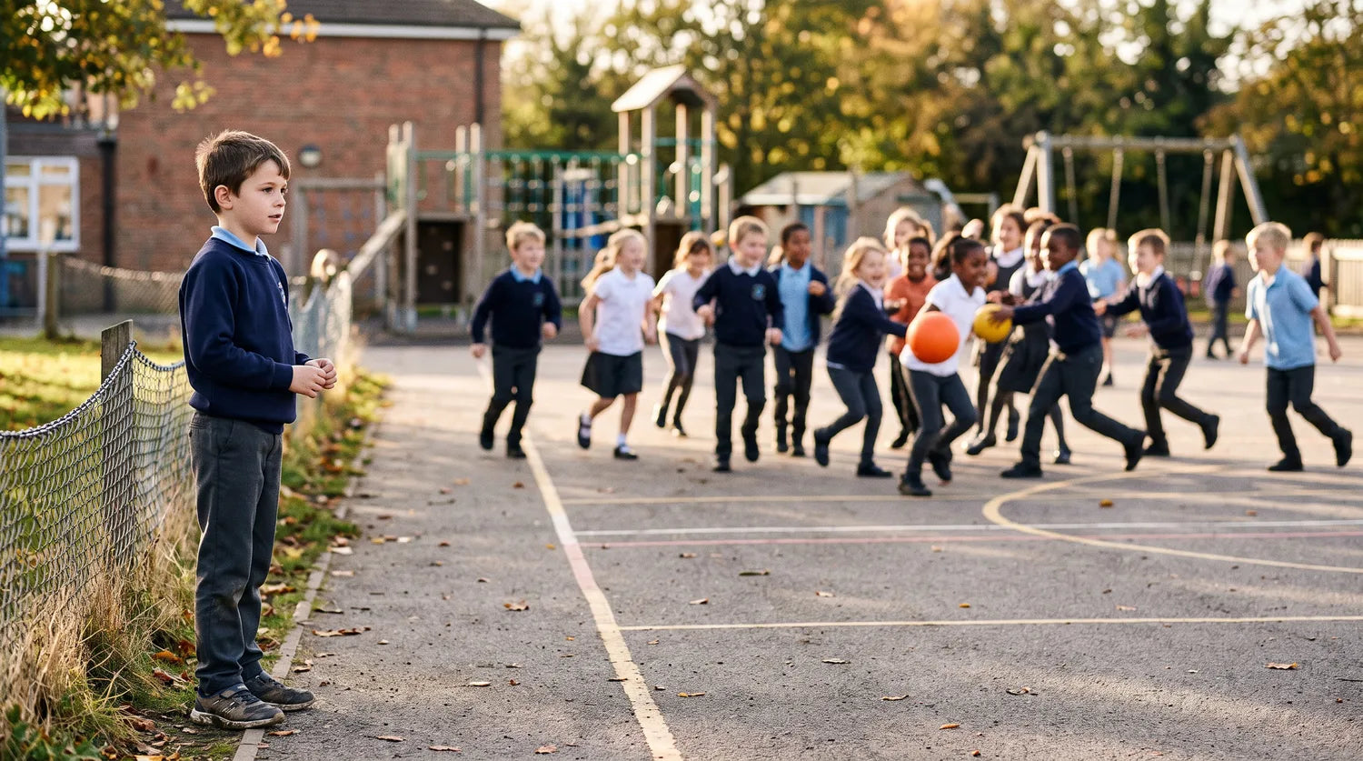A boy standing at the edge of a playground, watching a group of kids play in the distance