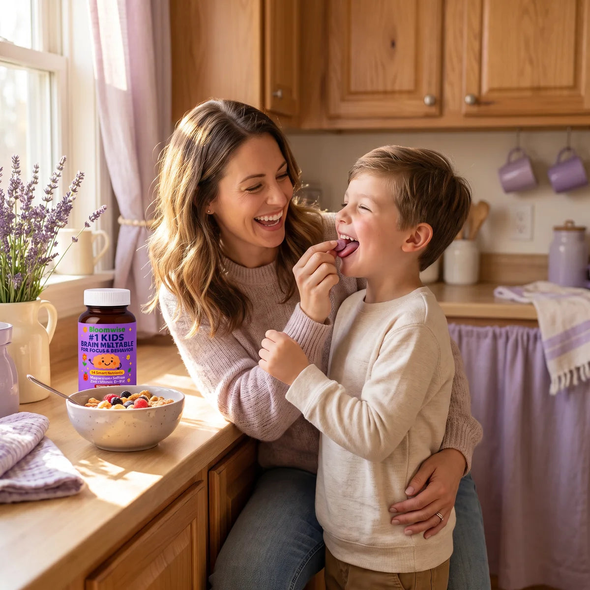 A happy mom kneeling beside her smiling son as he takes a berry meltable at breakfast