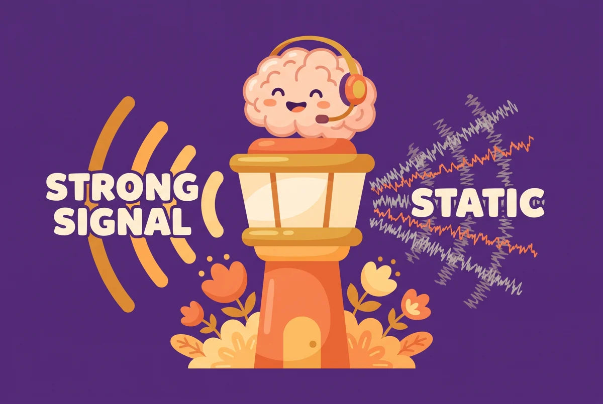 A brain broadcasting a strong signal on one side and static on the other