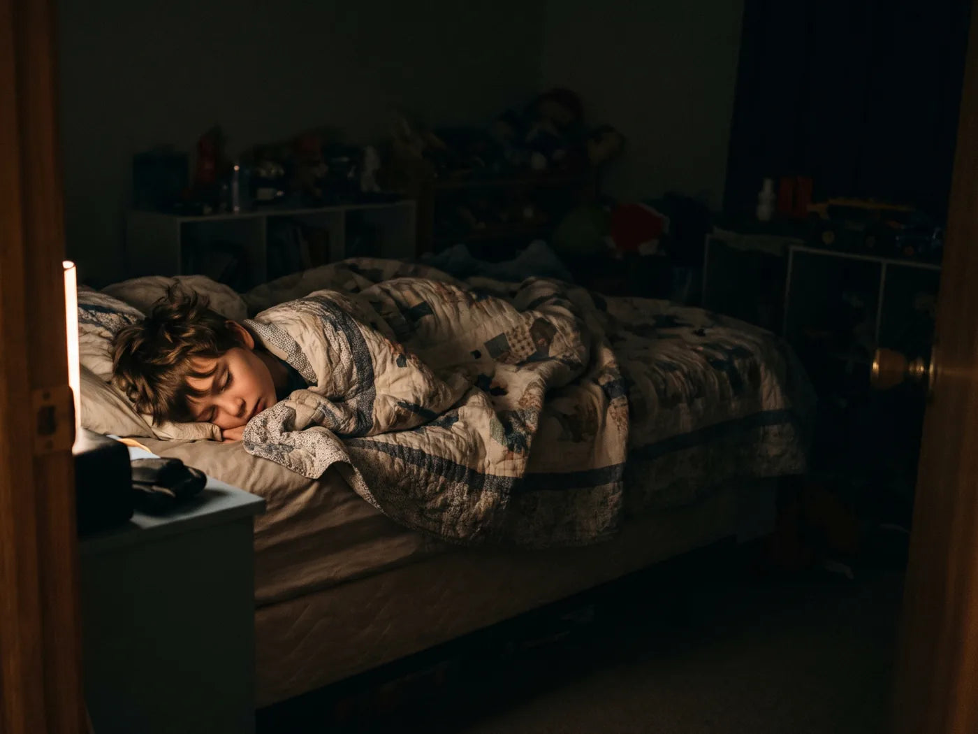 A boy asleep in bed, a lamp glowing on the nightstand