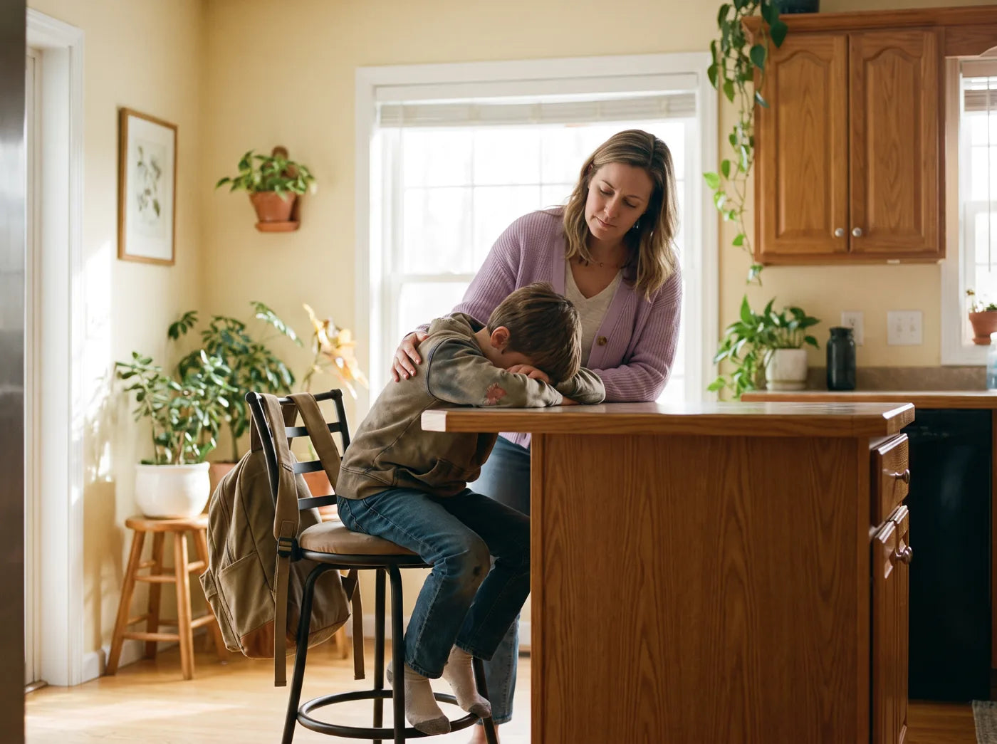 A boy with his head down on the kitchen island after school, his mom's hand on his shoulder