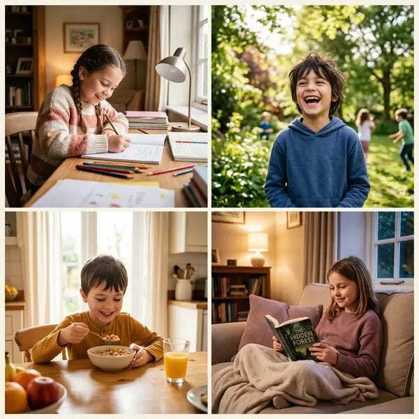A child eating a full breakfast